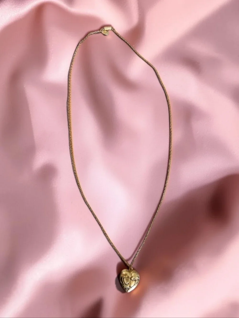 1928 Gold Tone Heart Locket Necklace Floral Double Heart Vintage Inspired